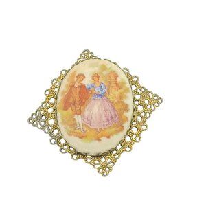 Western Germany Fragonard Sugar Pin in Ornate Filigree Frame, Vintage Brass